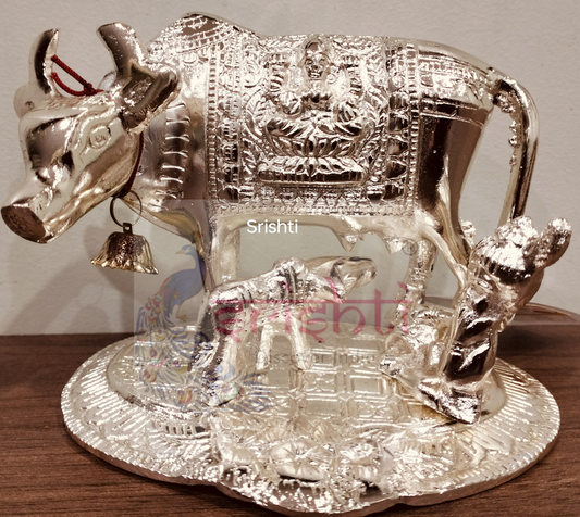 Krishna with Cow and Calf - White Metal