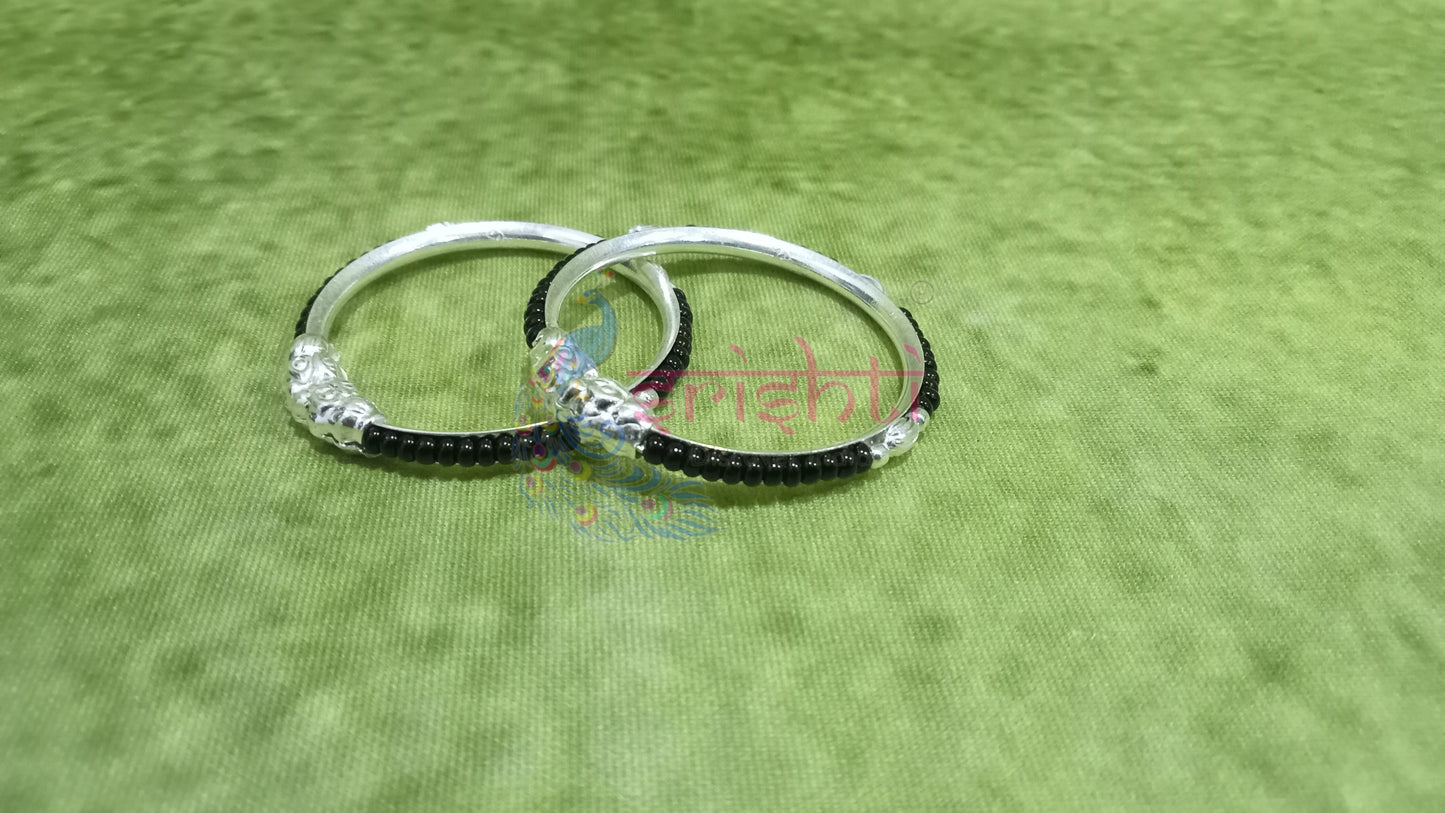 Pure Silver Baby Bangles with Black Beeds Pair-10 Grams