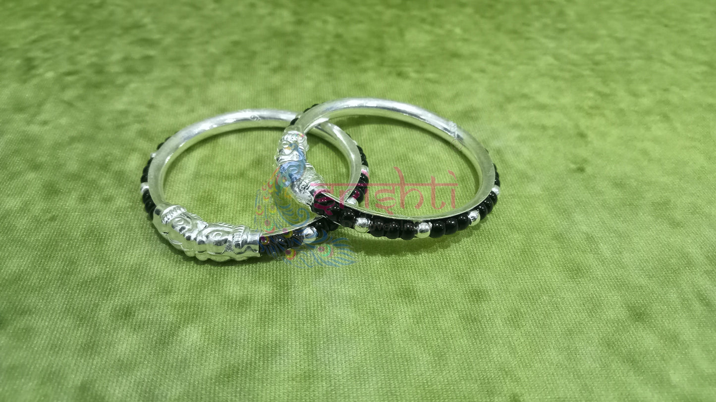 Pure Silver Baby Bangles with Black Beeds Pair-15 Grams