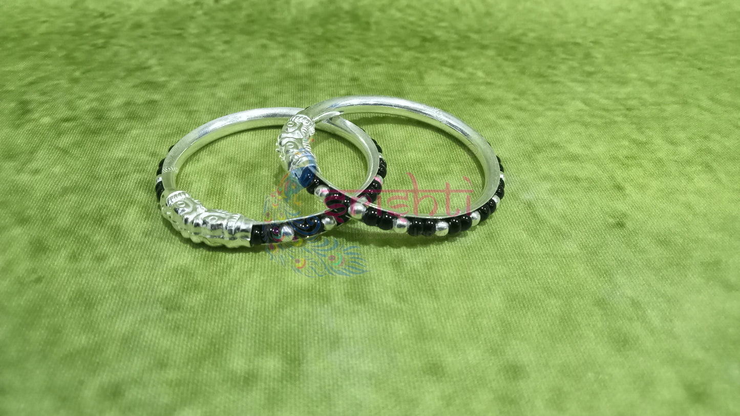 Pure Silver Baby Bangles with Black Beeds Pair-16 Grams