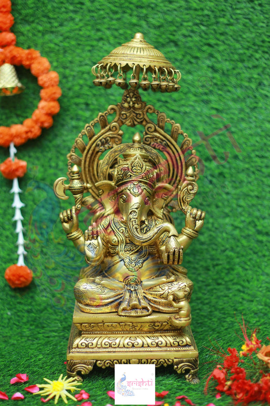 Brass Ganesha with Umbrella-20.5 Inches