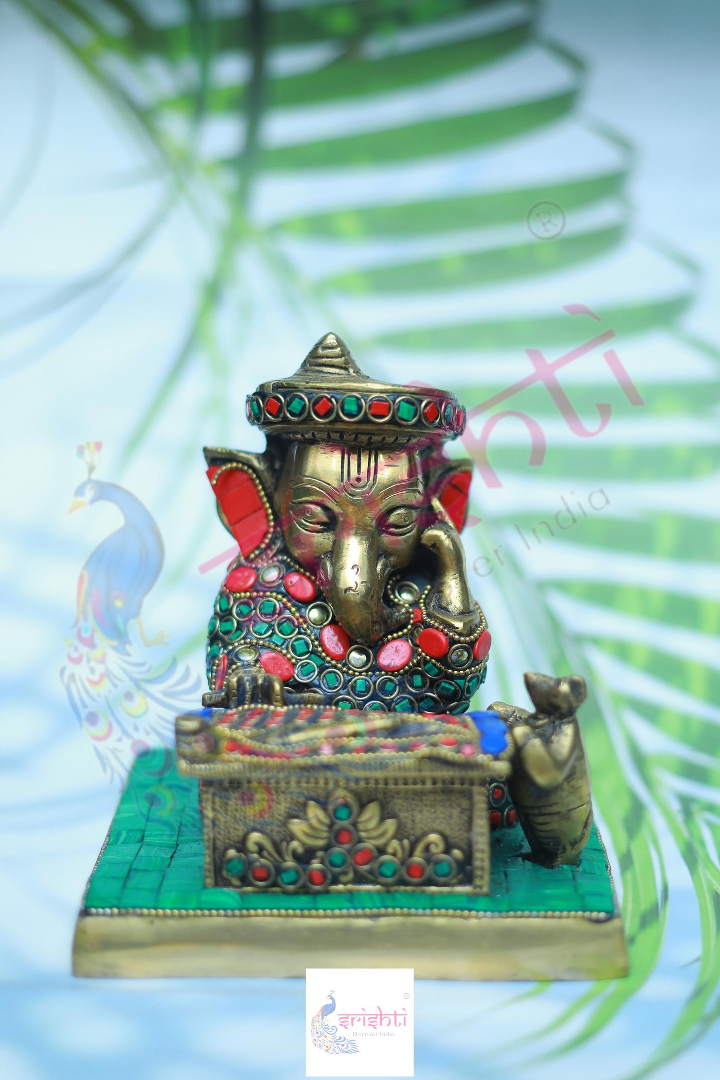 Brass Writting Ganesha with Stone Work-5.5 Inches