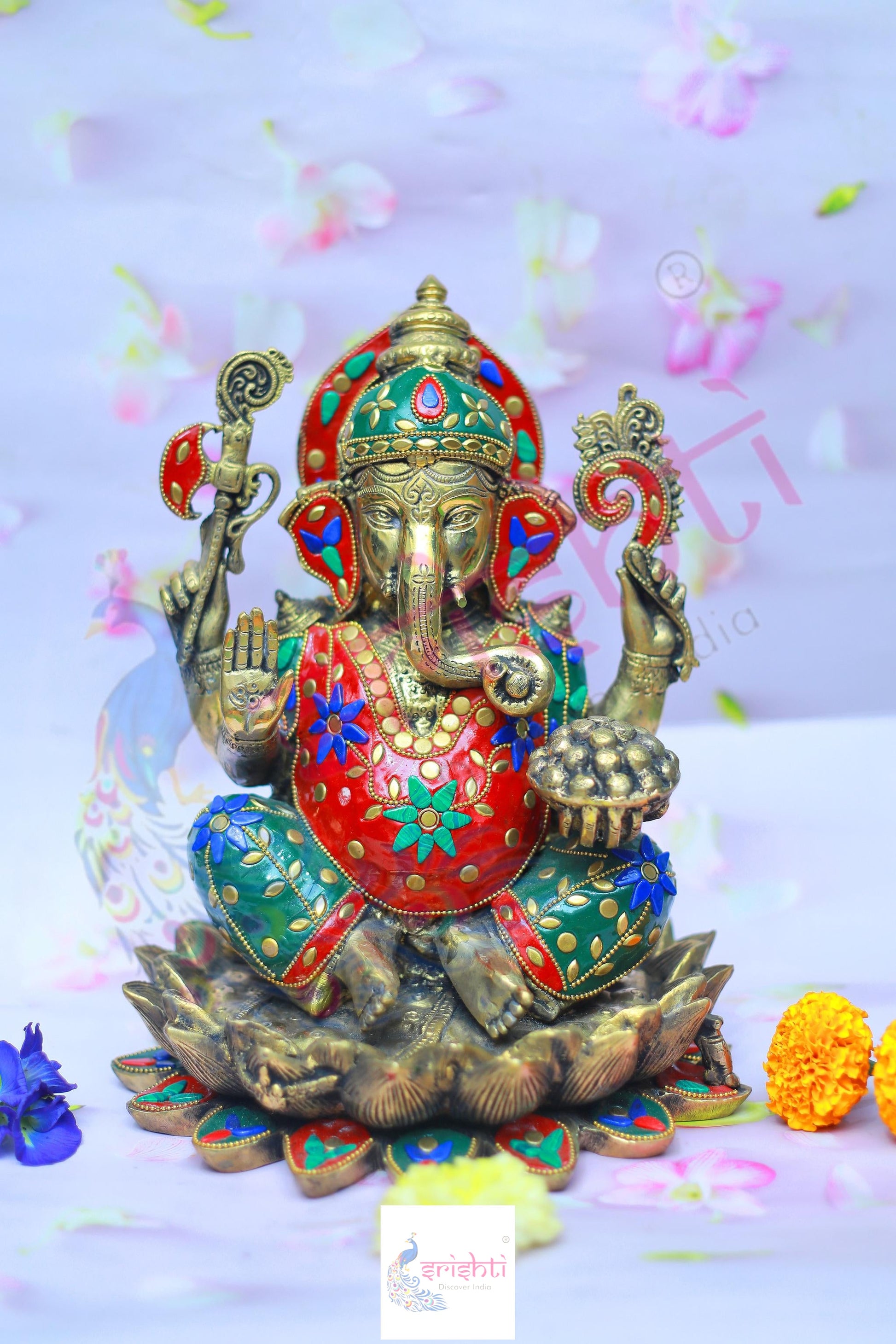 Brass Lotus Ganesha with Stone Work-11.5 Inches