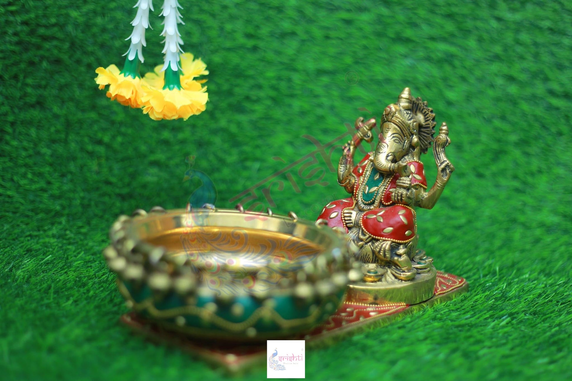 Brass Ganesha Uruli with Stone Work-6.5 Inches
