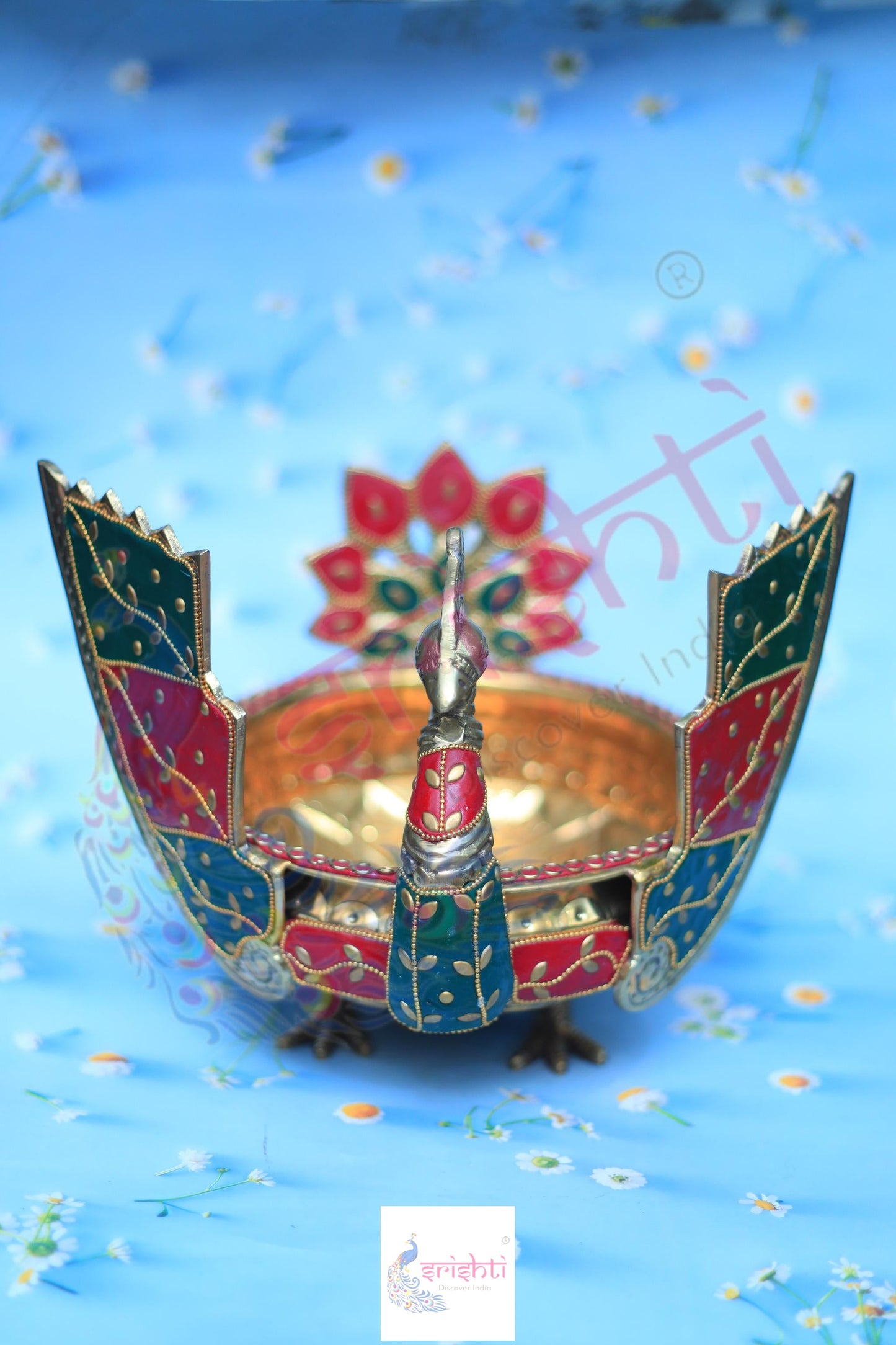 Brass Peacock Uruli with Stone Work-8.5 Inches