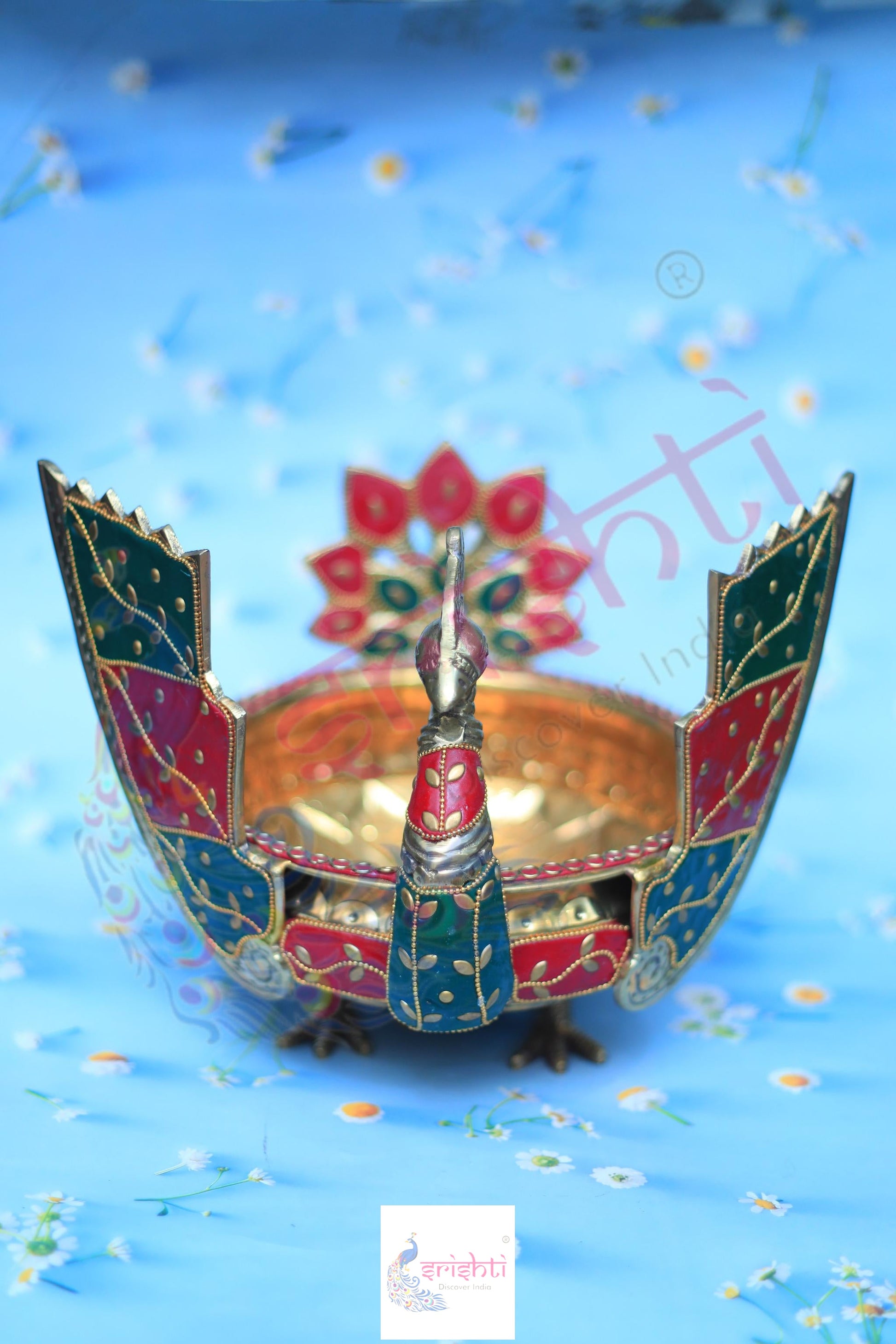 Brass Peacock Uruli with Stone Work-8.5 Inches