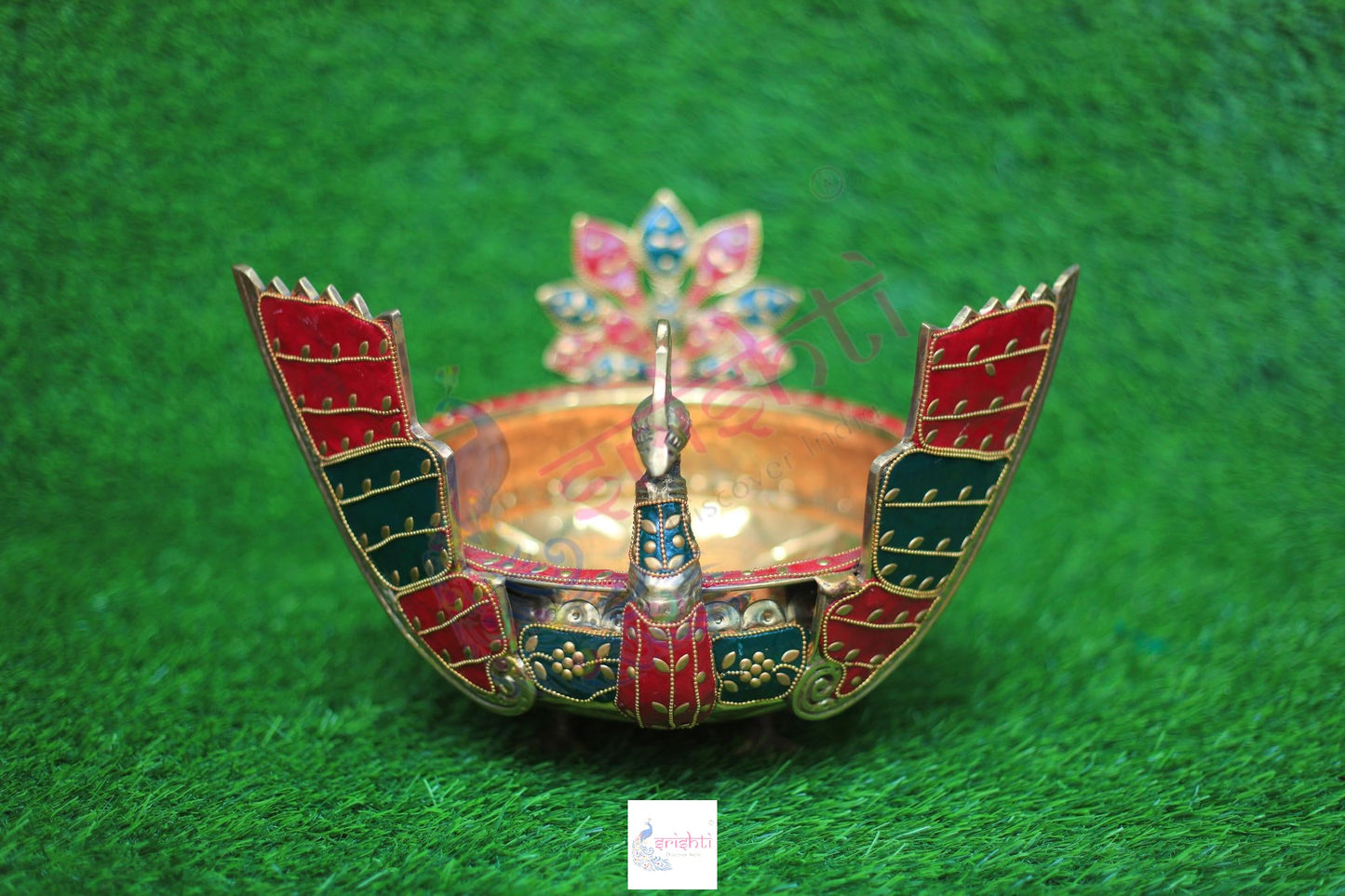Brass Peacock Uruli with Stone Work-9 Inches