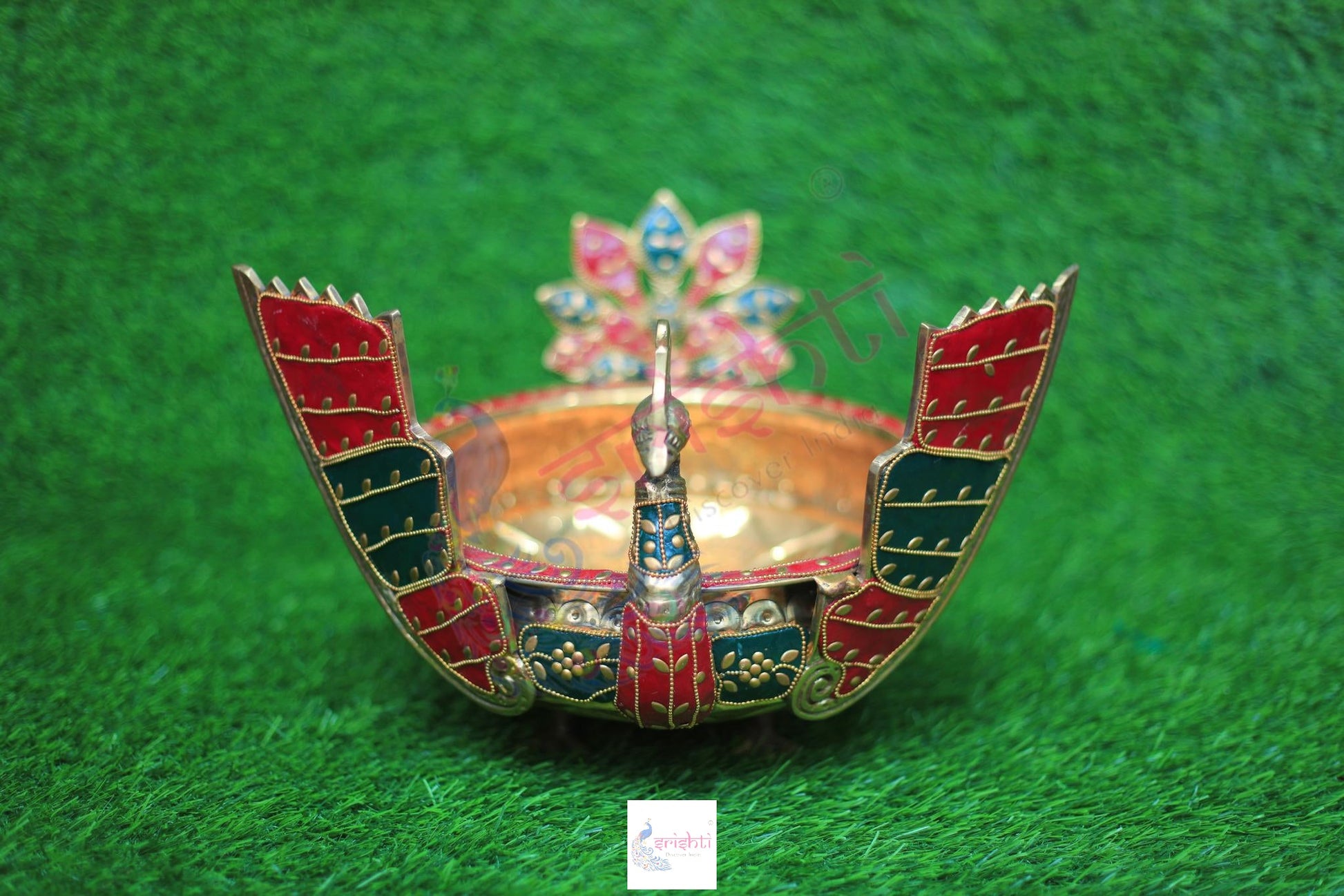 Brass Peacock Uruli with Stone Work-9 Inches