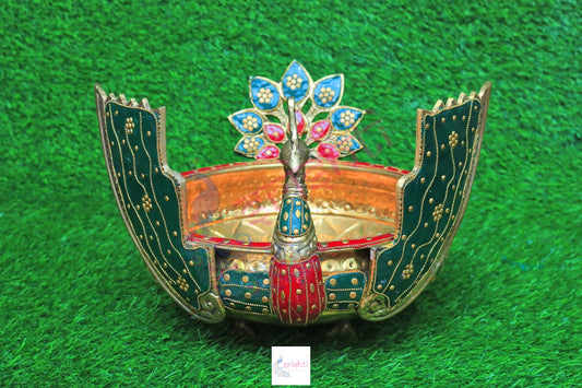 Brass Peacock Uruli with Stone Work-9.5 Inches