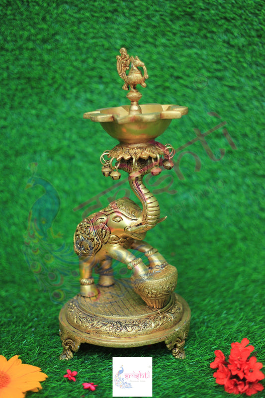 Brass Elephant with Annam Diya(M02)-17.5 Inches