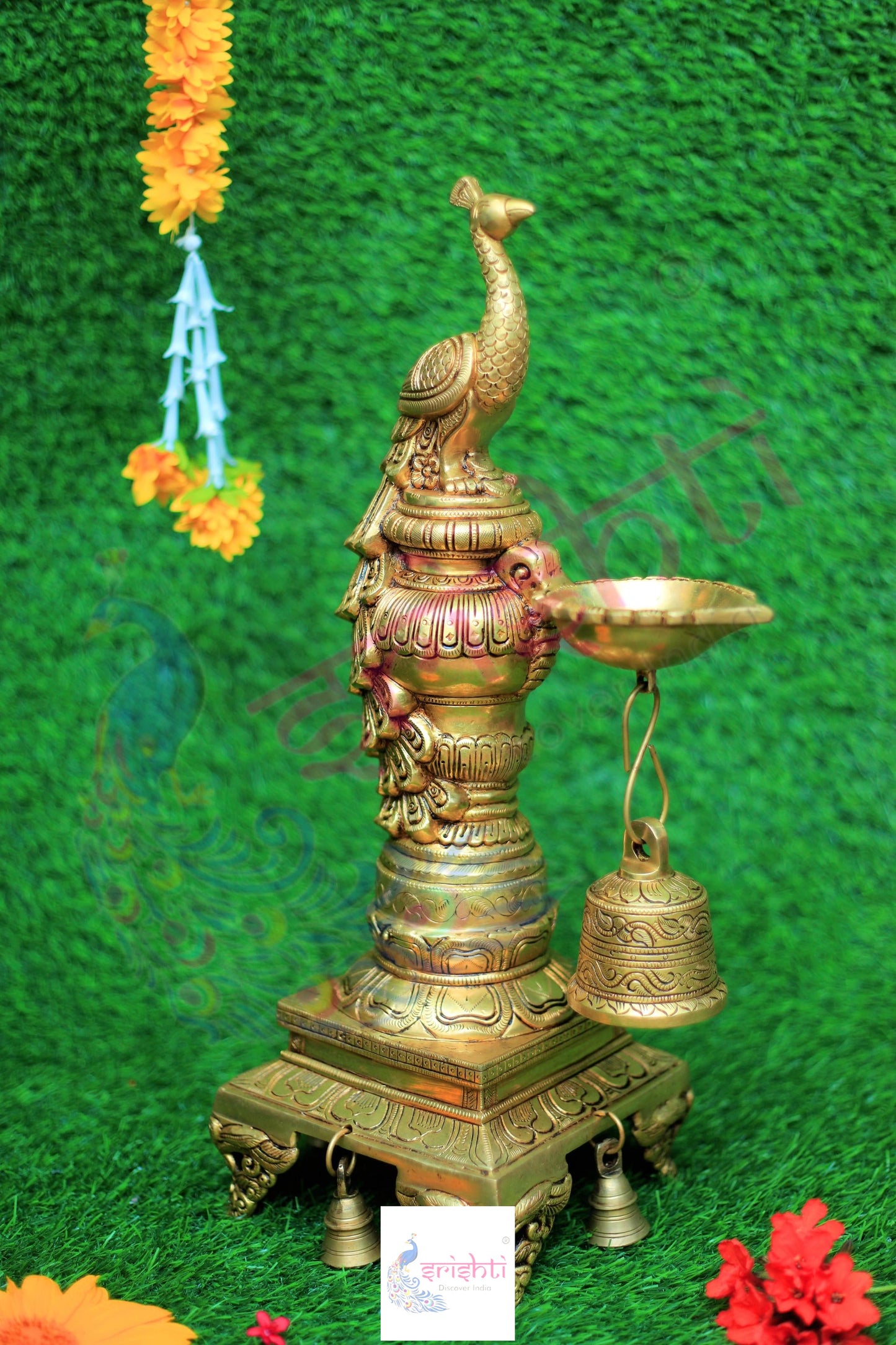 Brass Peacock Diya with Bell-20 Inches