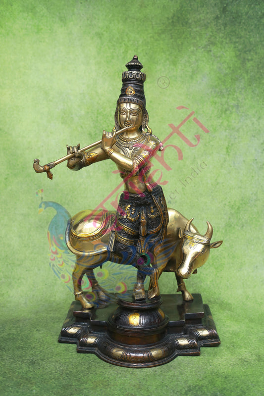Brass Antique Cow Krishna-25 Inches