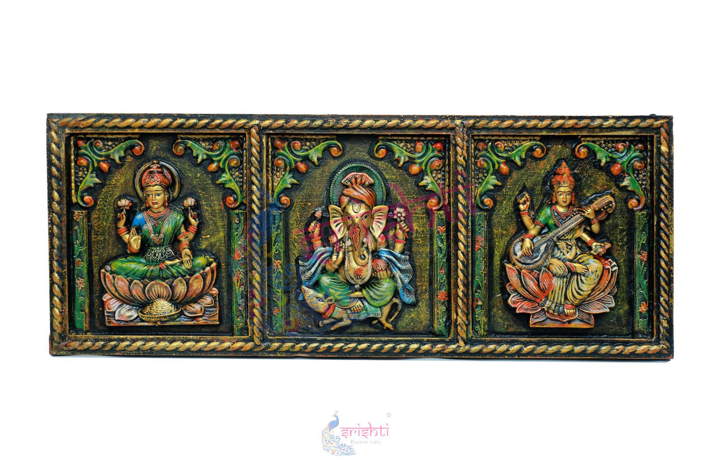 Wooden Lakshmi Ganesha Saraswathy Wall Hanging Frame M01 - 12 Inches