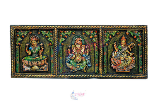 Wooden Lakshmi Ganesha Saraswathy Wall Hanging Frame M01 - 12 Inches