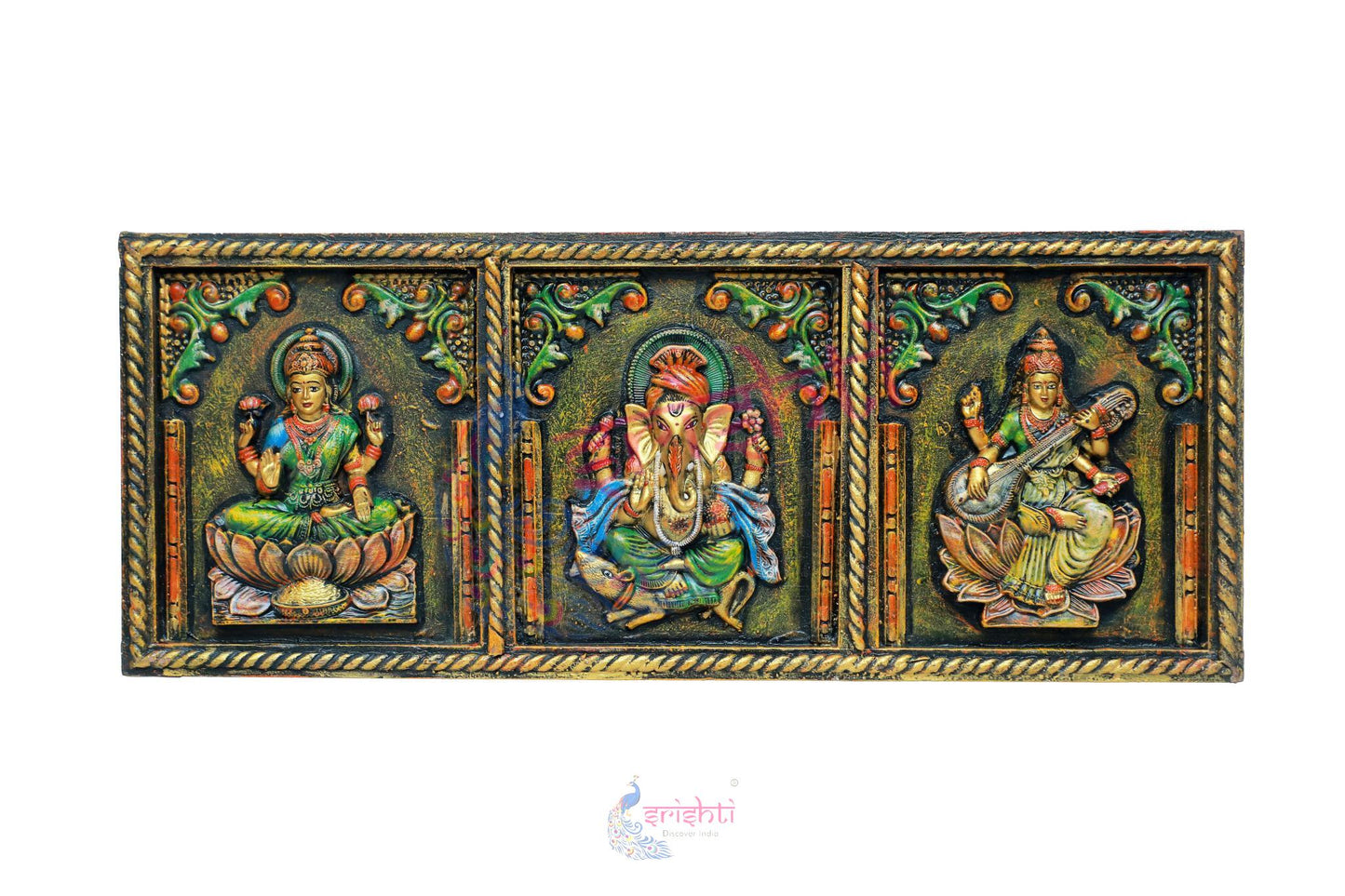 Wooden Lakshmi Ganesha Saraswathy Wall Hanging Frame M02 - 12 Inches