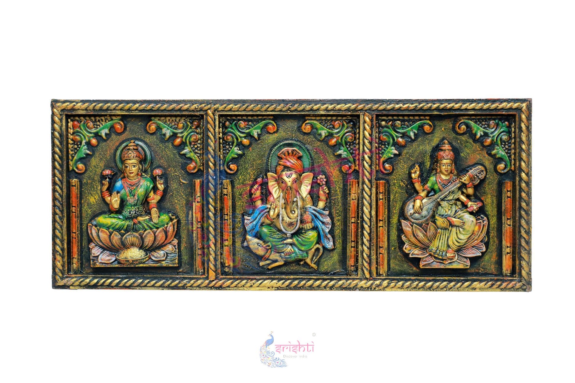 Wooden Lakshmi Ganesha Saraswathy Wall Hanging Frame M02 - 12 Inches