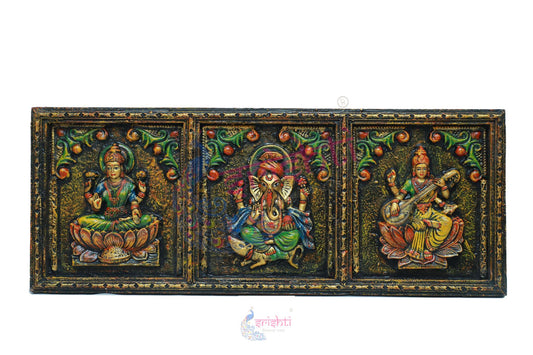 Wooden Lakshmi Ganesha Saraswathy Wall Hanging Frame M03 - 12 Inches