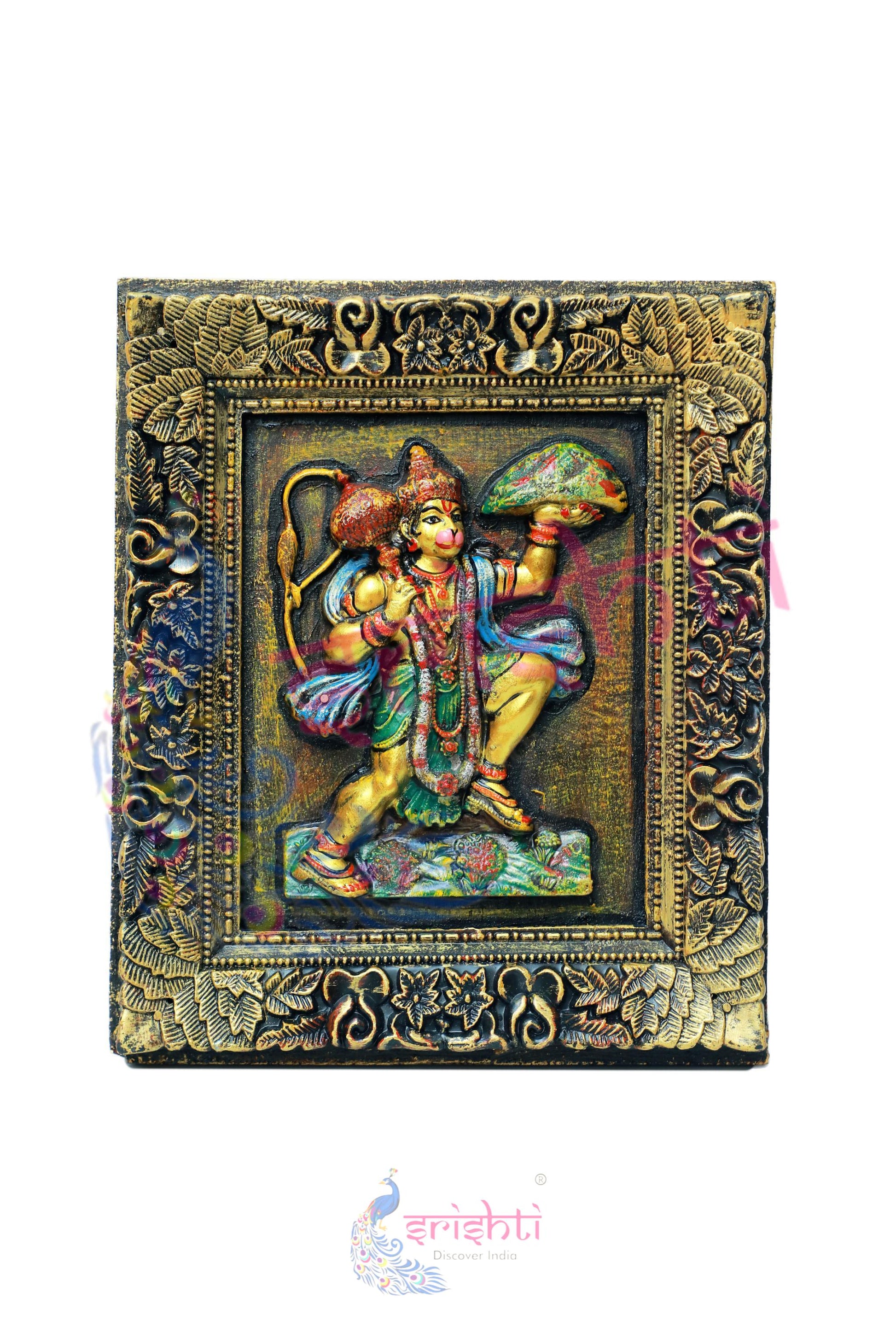 Wooden Sanjeevimalai Hanuman Wall Hanging Frame - 14 Inches