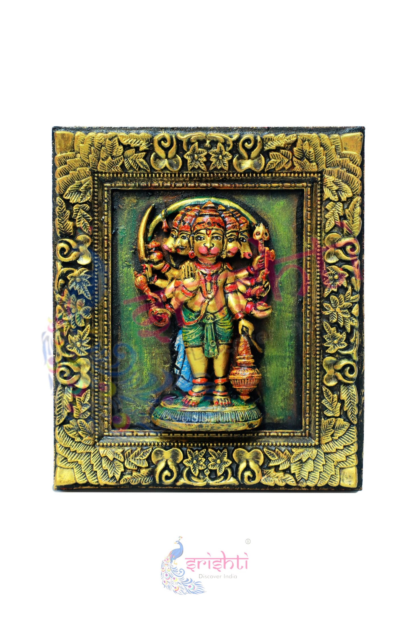 Wooden Panchamuga Hanuman Wall Hanging Frame - 14 Inches