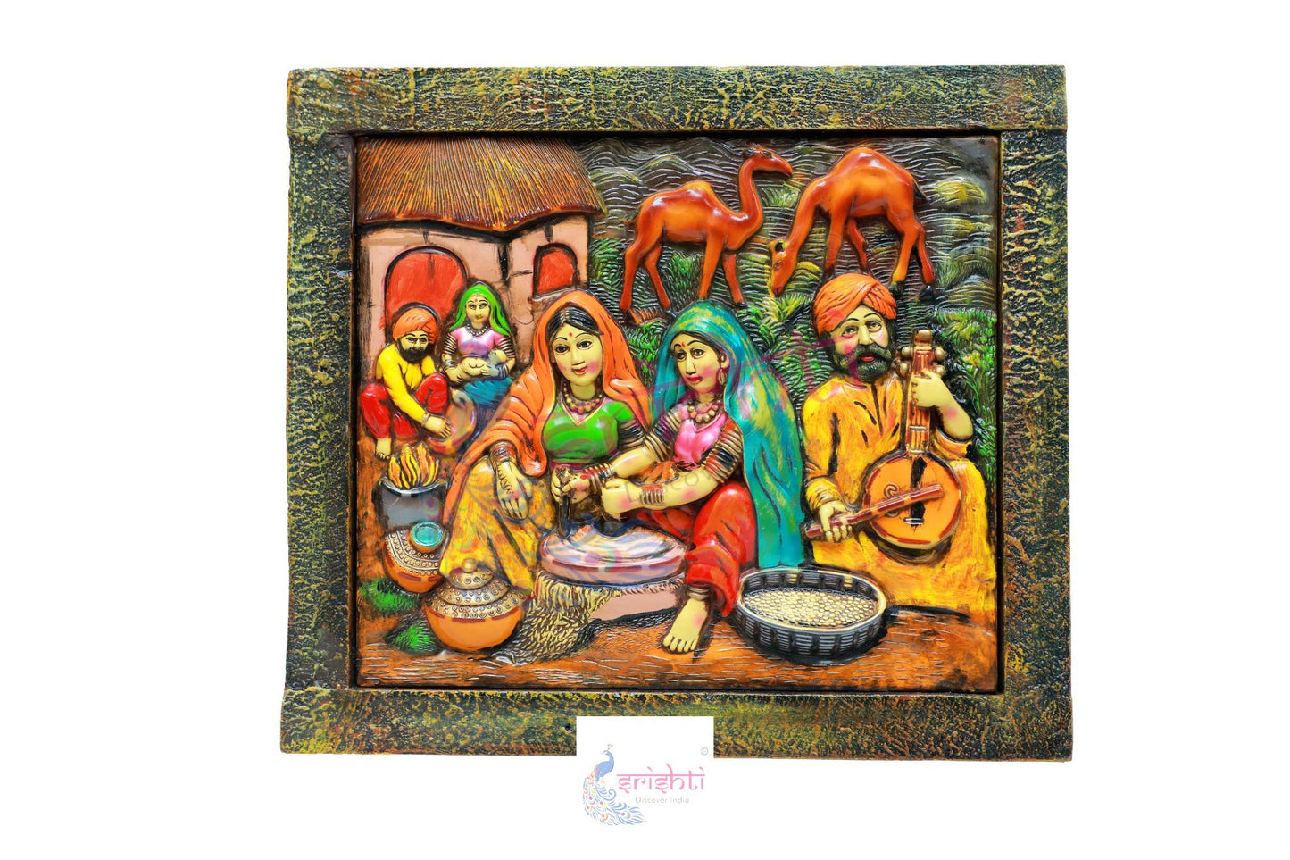 Wooden Rajasthani Village Wall Hanging Frame  - 16.5 Inches