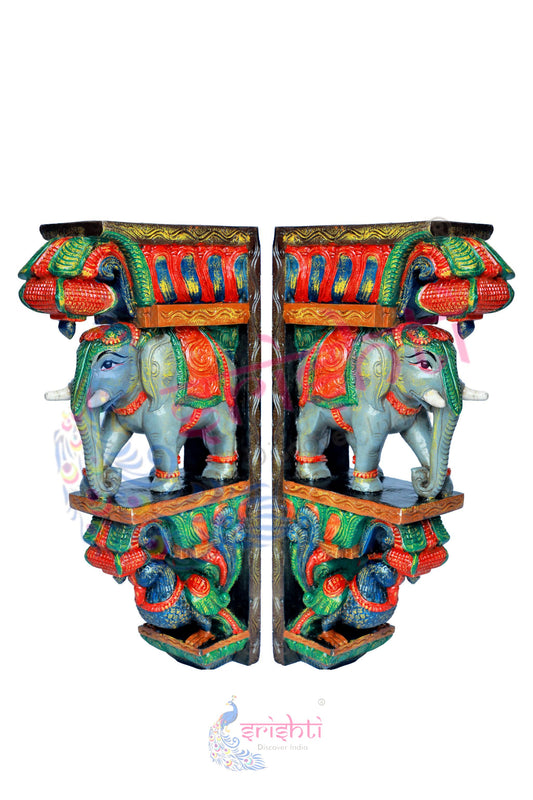 Wooden  Elephant Yazhi Set-24 Inches