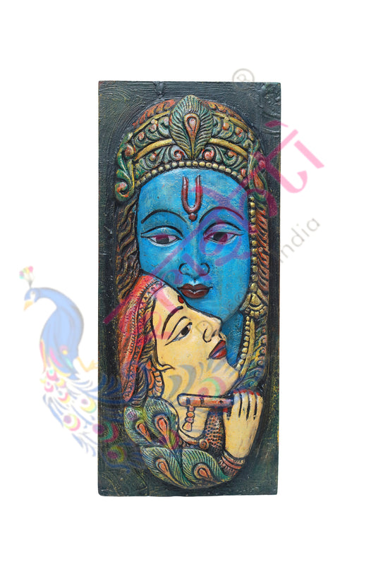 Wooden Radha Krishna Face Wall Hanging-16.5 Inches-M03