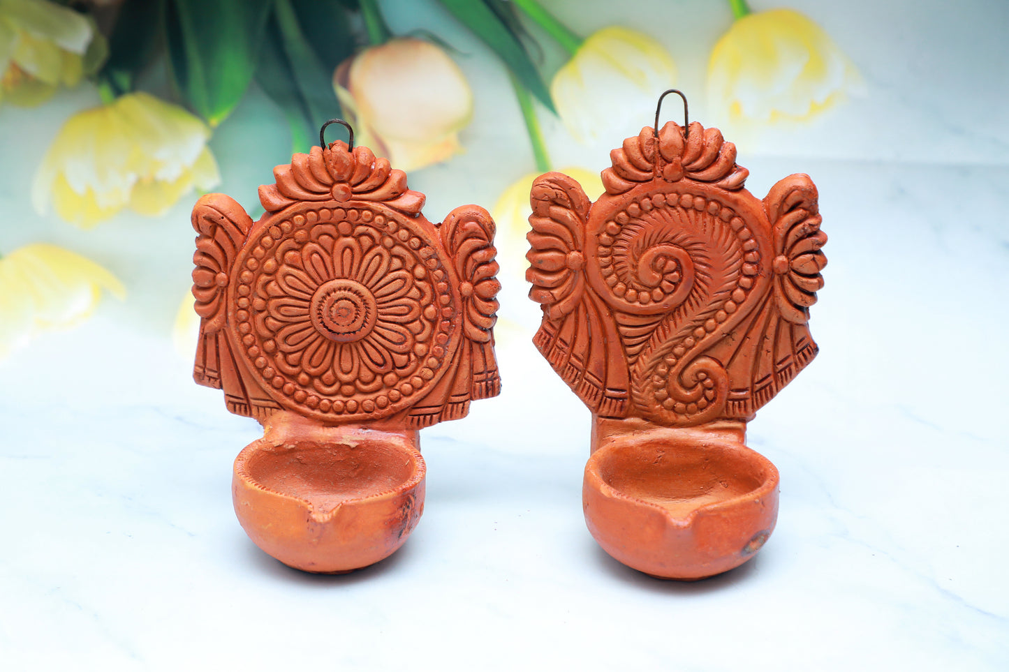 Clay Shankh Chakra Hanging Diya Pair
