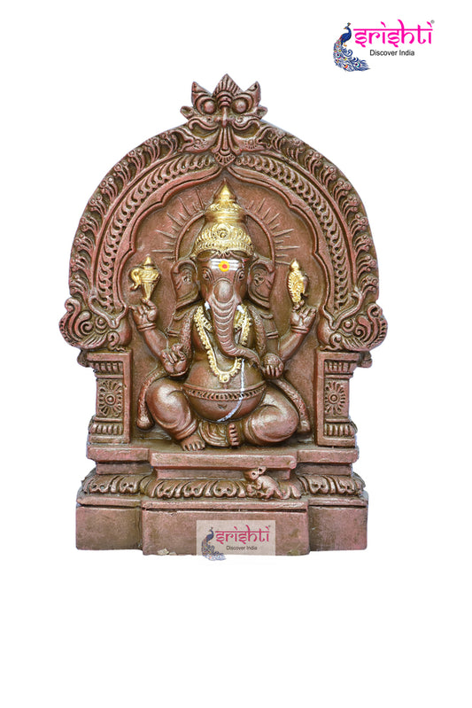 Clay Arch Ganesha Gold Color Painted-8 Inches