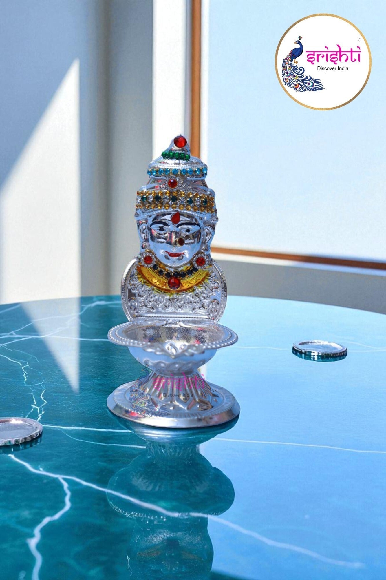 Varalakshmi Goddess Face with Diya Metal Silver Plated-5 Inches