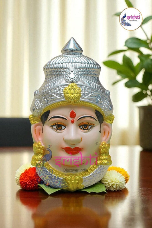 Varalakshmi Goddess Face Metal Silver Plated with Natural Color-8 Inches