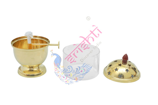 Brass Akhand Diya with Glass-7 Inches
