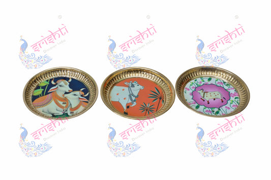 Brass plate/thali Assorted Cow Design Embossed-5.5 Inches