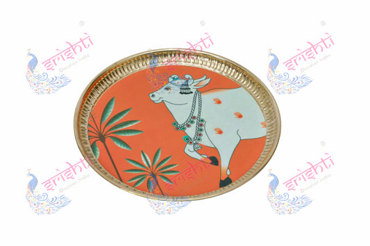 Brass plate/thali Assorted Cow Design Embossed-9 Inches