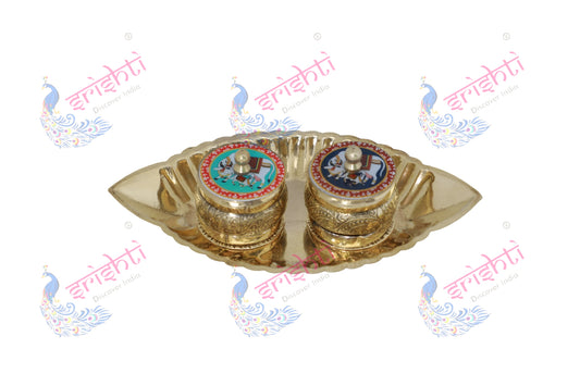 Brass Kumkum Container with plate/thali-7 Inches