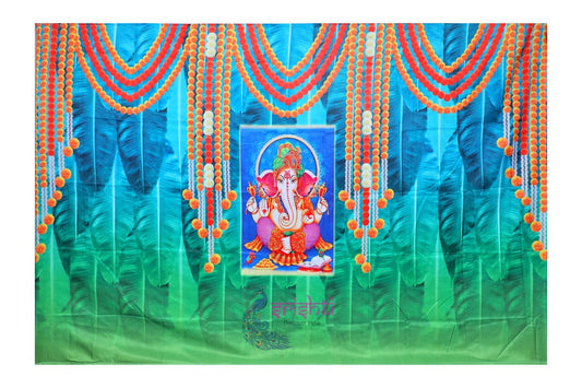 Backdrop Screen Blue and Green Color Banana Leaf with Ganesha Pattern
