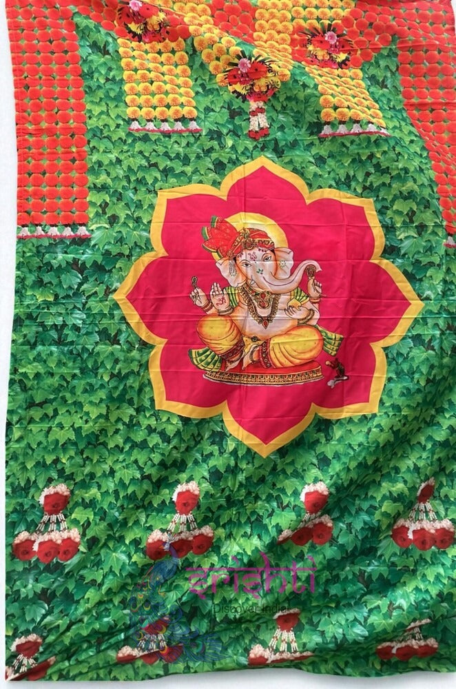 Backdrop Screen Green Color Marigold Flower with Ganesha Pattern