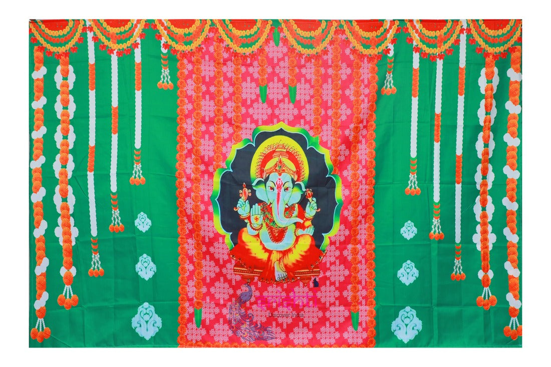 Backdrop Screen Green Color Ganesha with Marigold Pattern