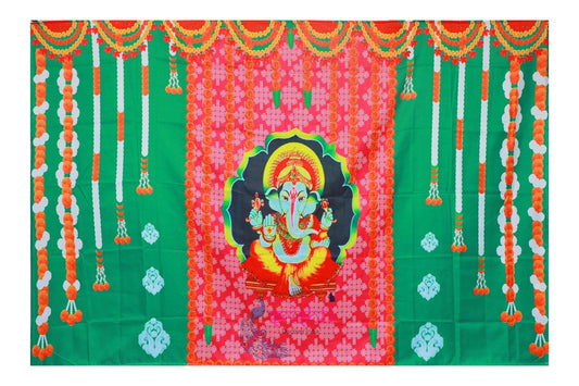 Backdrop Screen Green Color Ganesha with Marigold Pattern