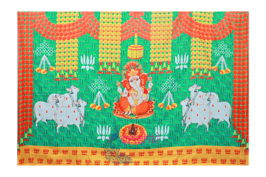 Backdrop Screen Green Color Ganesha with Cow and Calf Pattern