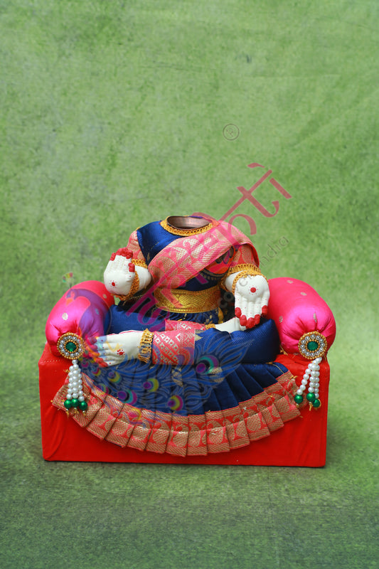 Varalakshmi Goddess Dress with Wooden Stand(Blue with Red)-9.5 Inches