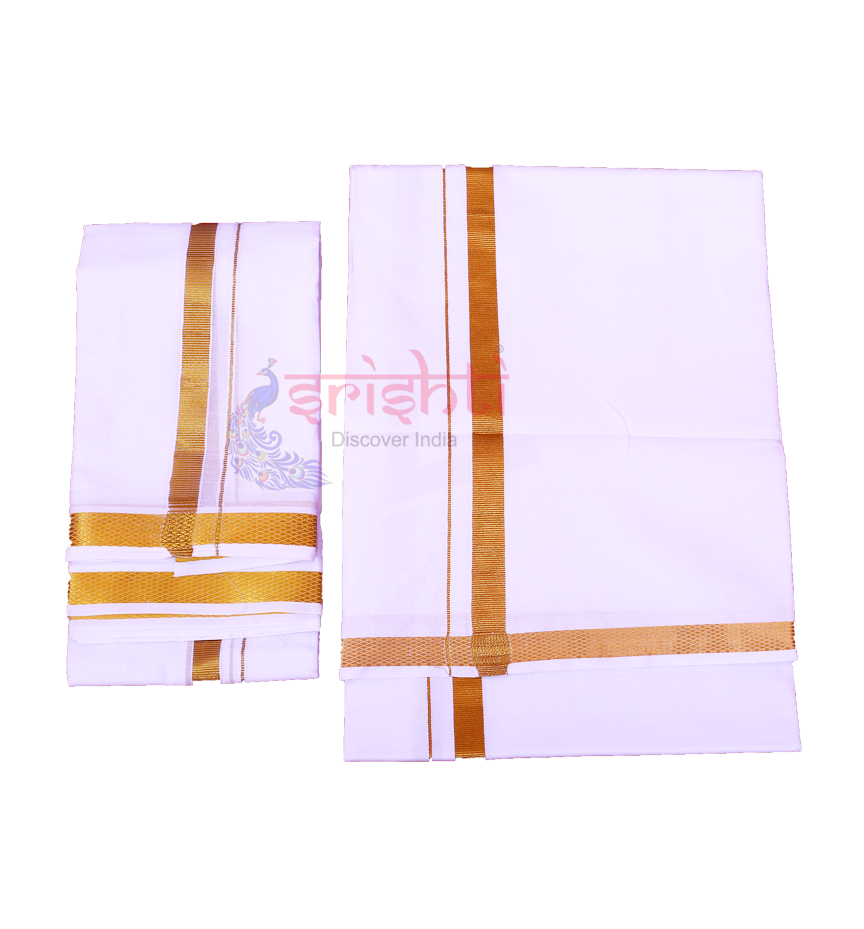 Srishti White Cotton Dhoti/Veshti With Angavastharam-8 Yards