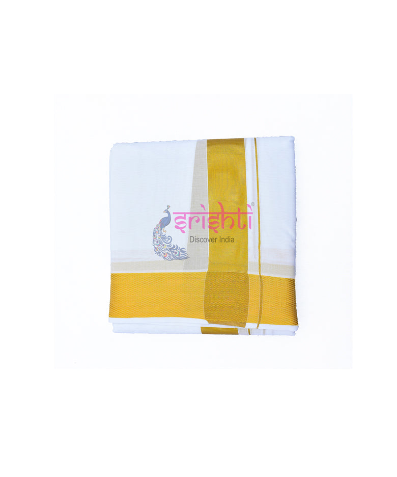 White Cotton Dhoti/Veshti/Pancha with Gold Border-10x6 Yards