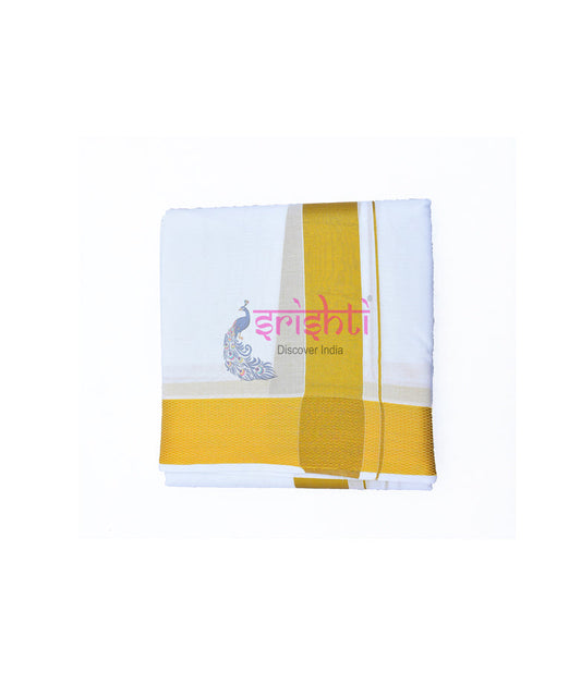 White Cotton Dhoti/Veshti/Pancha with Gold Border-10x6 Yards