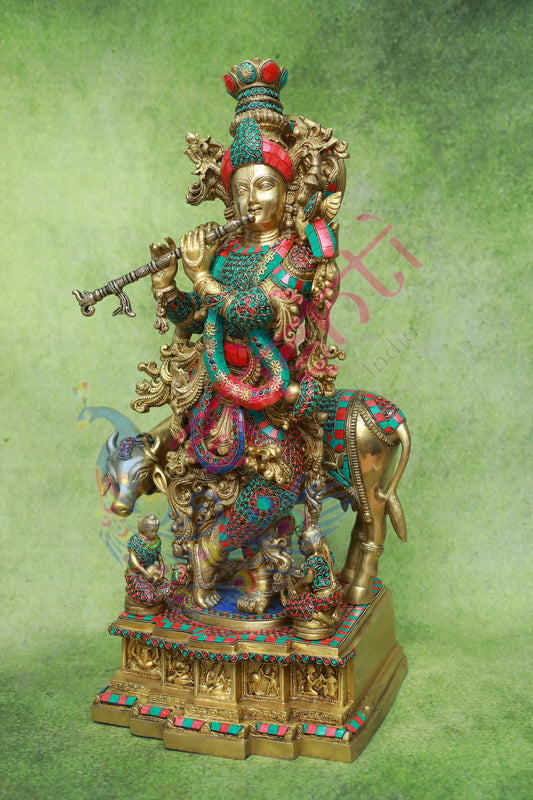 Brass Cow Krishna Stone Work-28.5 Inches