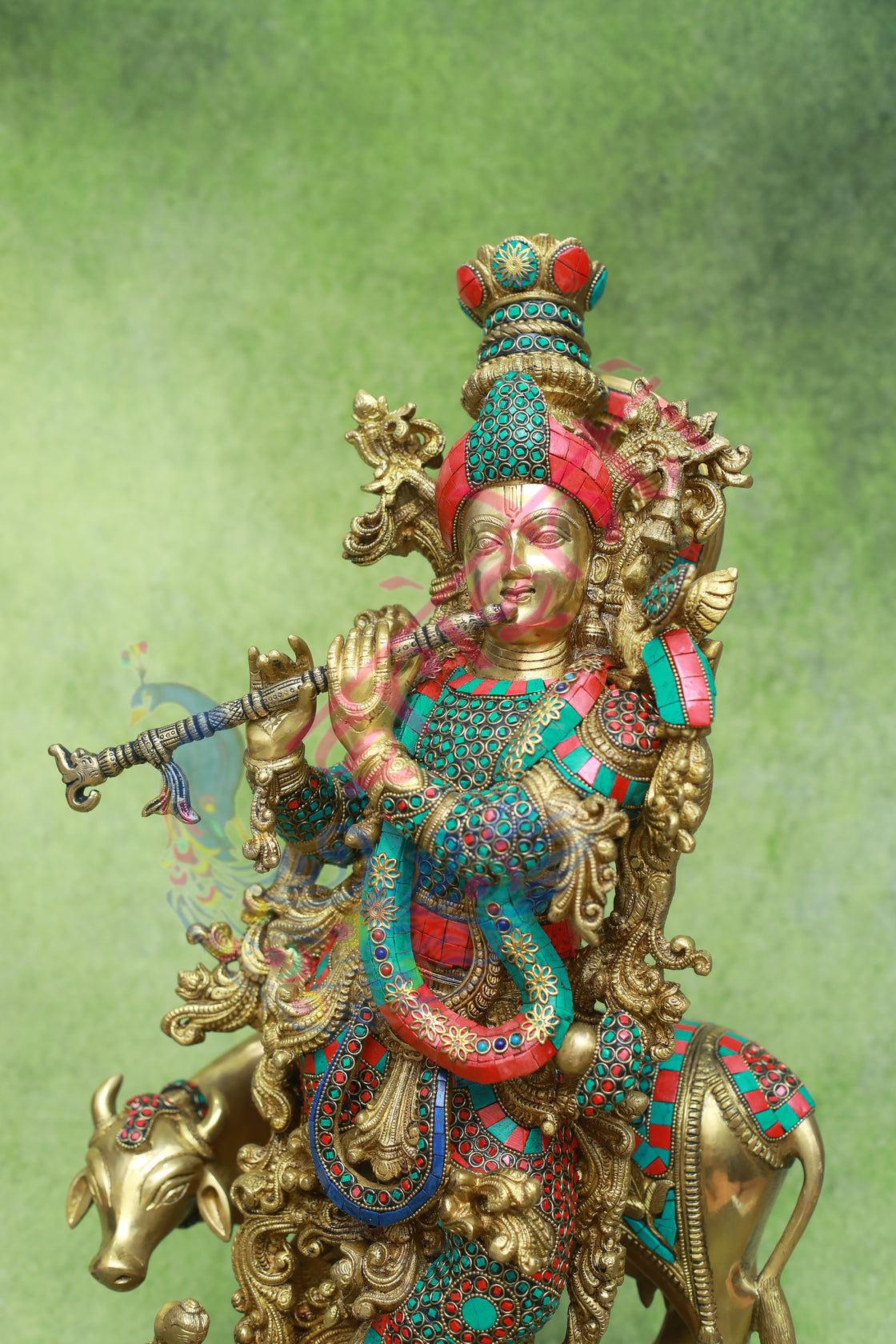 Brass Cow Krishna Stone Work-28.5 Inches