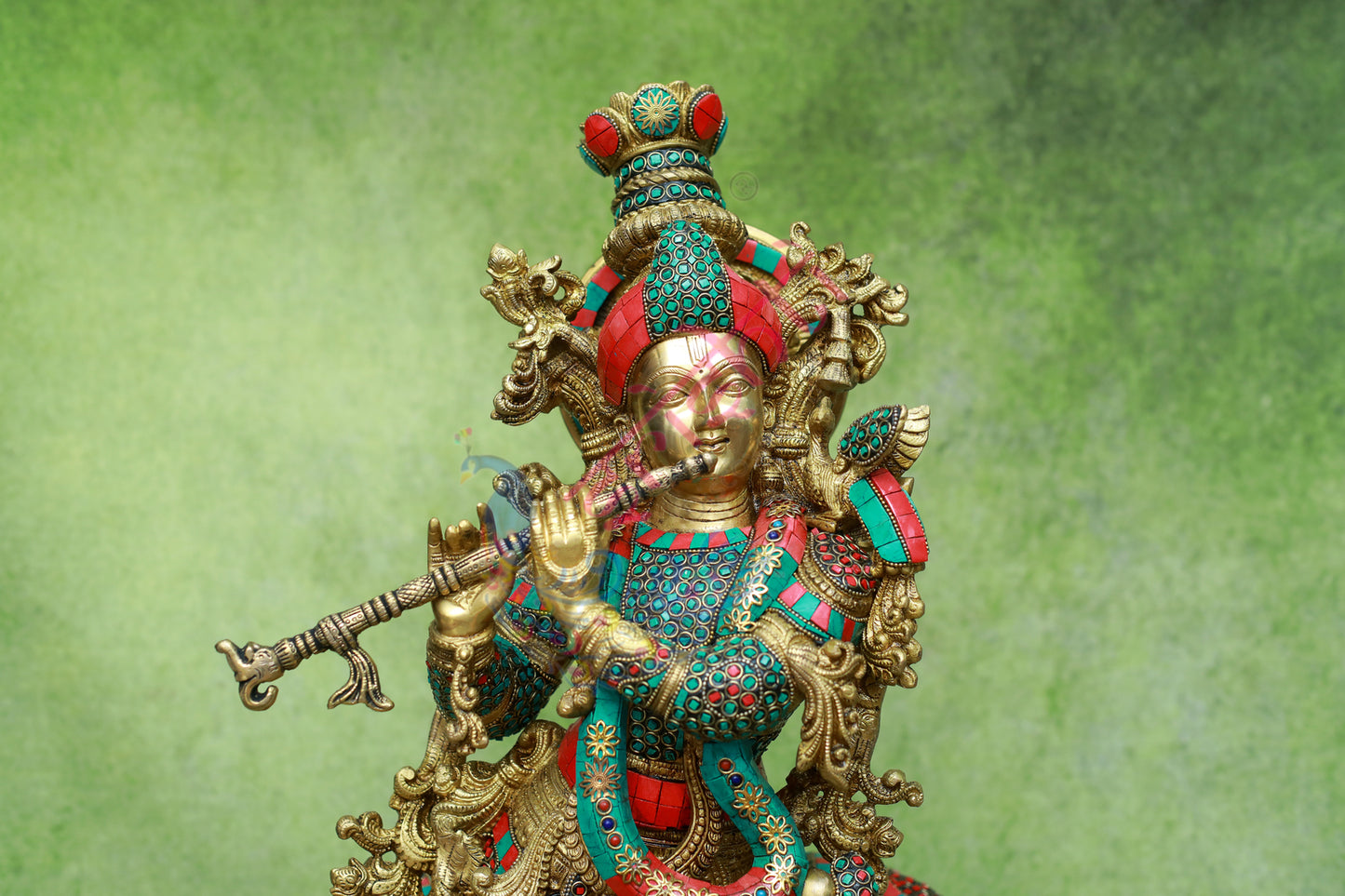 Brass Cow Krishna Stone Work-28.5 Inches
