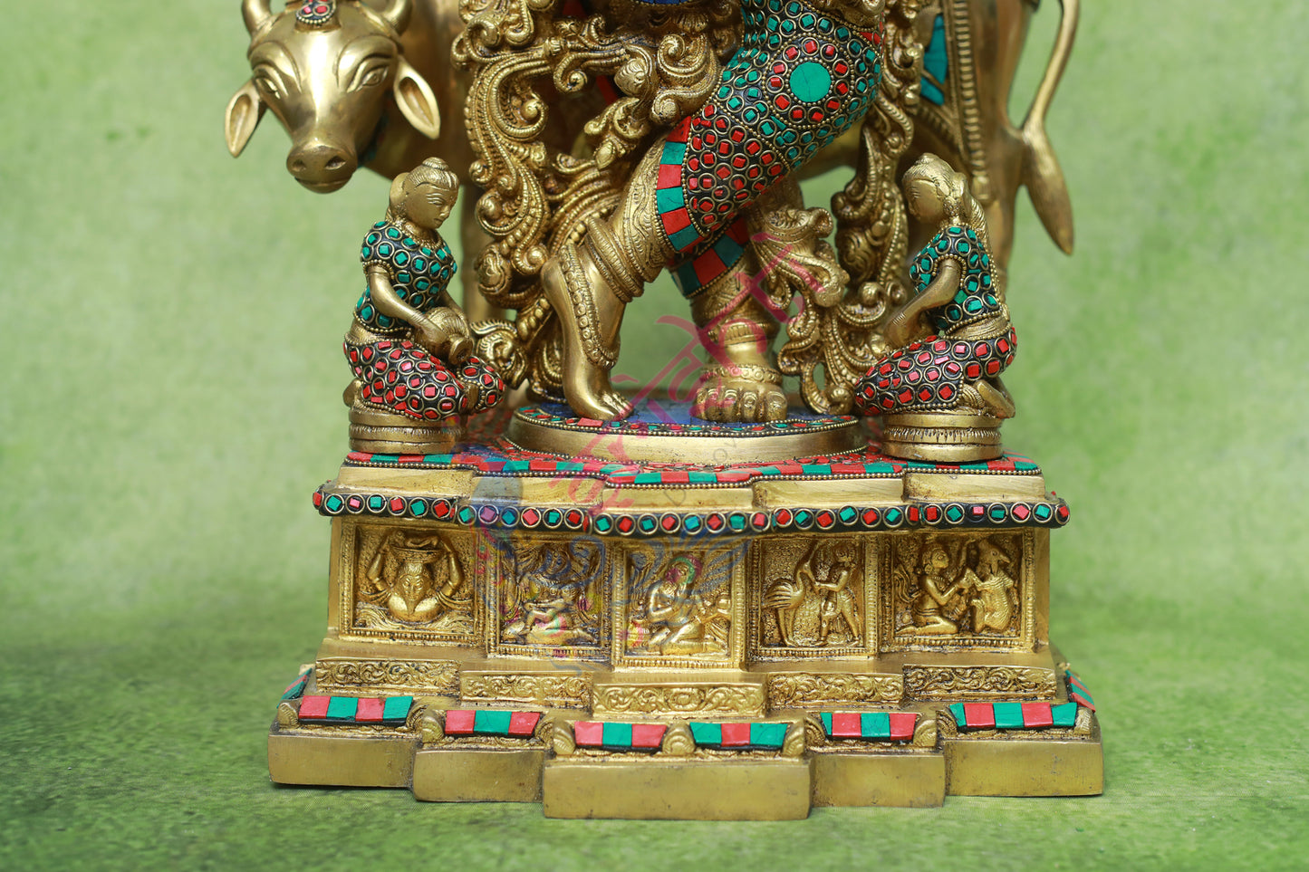 Brass Cow Krishna Stone Work-28.5 Inches