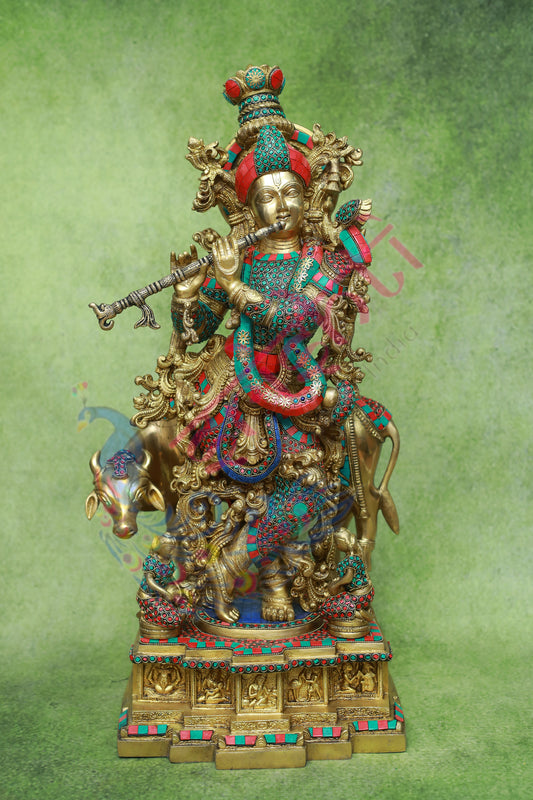 Brass Cow Krishna Stone Work-28.5 Inches