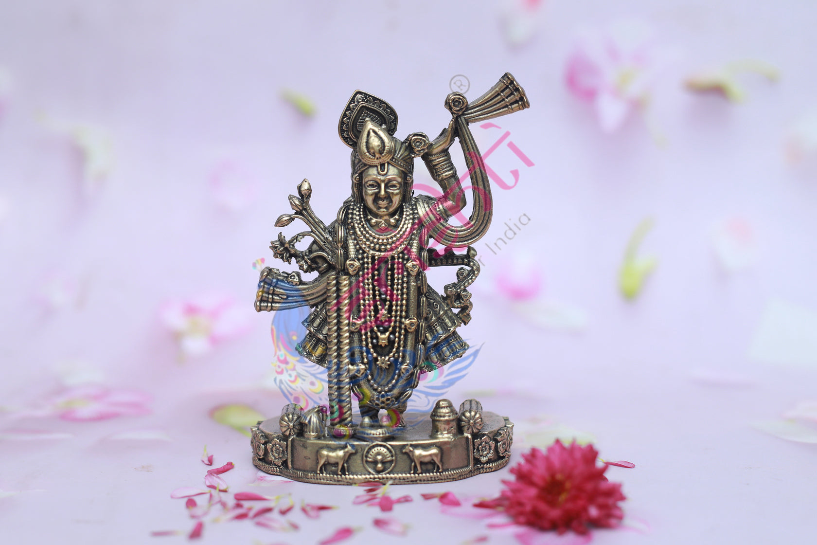 Brass Cow Krishna Stone Work-28.5 Inches