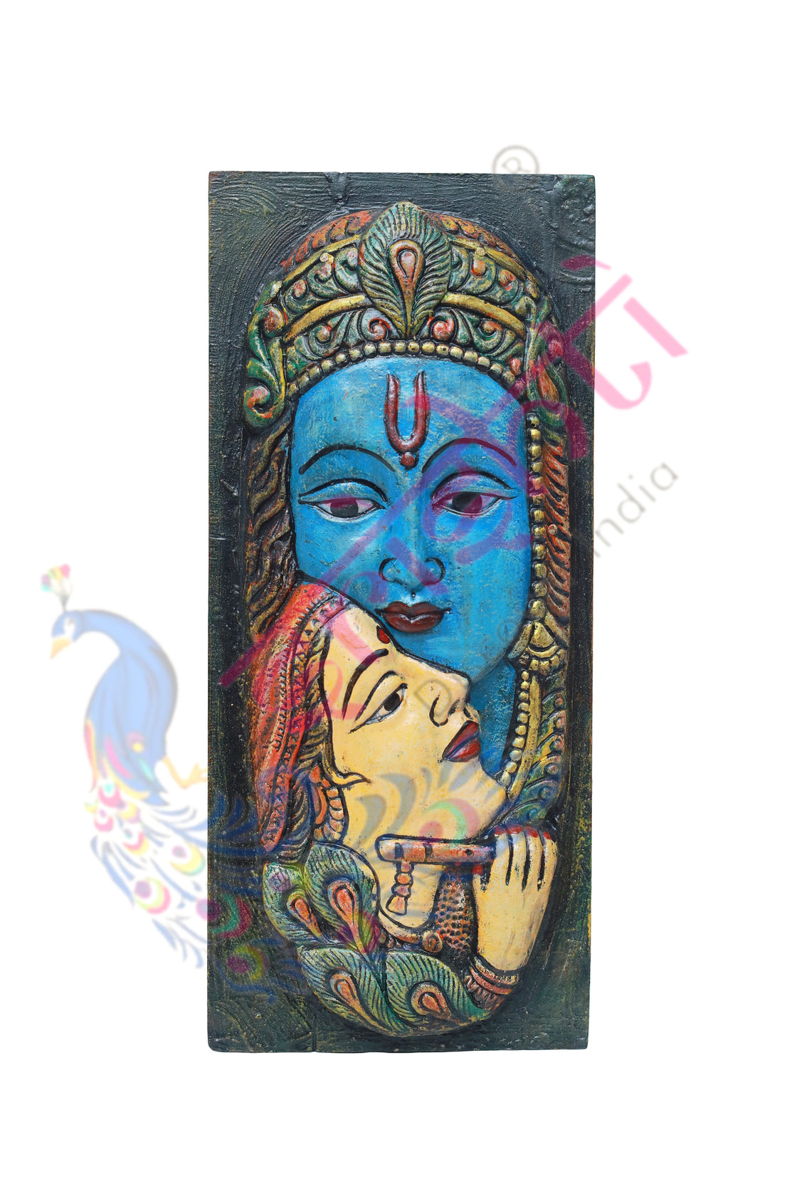 Wooden Radha Krishna Face Wall Hanging-16.5 Inches-M03